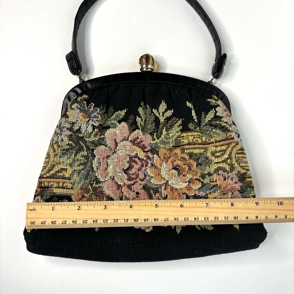 Vintage 1950’s Harry Levine Jewel Kiss Clasp Floral Tapestry Purse Leather Strap